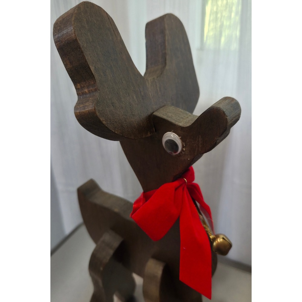 Vintage Handmade Wooden Reindeer Figurine Rustic Christmas Decor Red Bow Bell